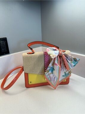 Aldo Colorblock Crossbody Bag Straw Woven Pink Orange Yellow Studded Purse